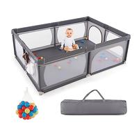 DREAMADE Parc Bébé en Tissu Oxford avec Poche&Sac de Transport,Clôture de Jeu Tout-Petits 0-36Mois avec Balles&Porte Zippée&Maille Respirante (206x147x68,5CM sans Tapis, Gris Foncé)