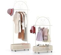 DREAMADE Portant à Vêtements Enfant à Roulettes,Penderie Enfant avec 3 Hauteurs,Porte-vêtements en Métal avec Panier Inférieur,Garde-Robe Tout-Petits Forme Ours 81x34x130-182CM,Charge 50KG (Blanc)