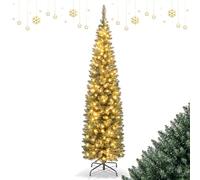 DREAMADE Sapin de Noël Artificiel 180CM,Arbre de Noël Artificiel avec 180 Lumières LED,390 Branches PVC,Décoration Pré-Eclairé Noël en Crayon avec Eclairage Blanc Chaud