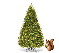 DREAMADE Sapin de Noël Artificiel 210CM/225CM/240CM, 460/540/600 Lampes à LED avec Lumière Blanche Chaude, Pommes de Pin, Pieds en Fer et Feuilles en PE, Décoration pour Noël Vert (210cm)