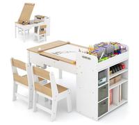 DREAMADE Table à Dessin avec 2 Chaises en Bois Enfants,Bureau d'art Tout-Petits avec Plateau Inclinable&2 Bacs en Tissu&Organisateur Amovible&5 Palettes&8 Pots de Peinture (Naturel)