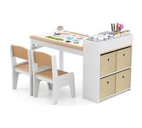 DREAMADE Table à Dessin en Bois avec 2 Chaises Enfants,Bureau et Chaise Tout-Petits avec Etagères &4 Tiroirs en Tissu&3 Palettes&Rouleau de Papier,Charge 60+50KG