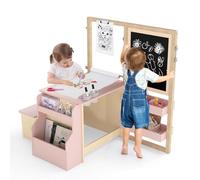 DREAMADE Table à Dessin en Bois avec Banc & Tableau Enfant 3+Ans, Bureau Enfant Double Face avec Table d’Art & Bibliothèque & Porte-Rouleau de Papier & Marqueur (avec Chevalet,Rose)