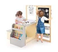 DREAMADE Table à Dessin en Bois Enfant 3+Ans avec Banc&Tableau,Bureau Enfant Double Face avec Table d’Art&Bibliothèque&Porte-Rouleau de Papier&Marqueur (Gris, avec Chevalet)