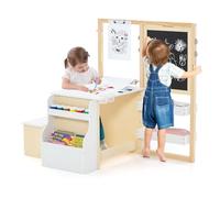 DREAMADE Table à Dessin en Bois Enfant 3+Ans avec Banc&Tableau, Bureau Enfant Double Face avec Table d’Art&Bibliothèque&Porte-Rouleau de Papier&Marqueur (Blanc,avec Chevalet)