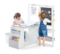 DREAMADE Table à Dessin en Bois Enfant 3+Ans avec Banc&Tableau,Bureau Enfant Double Face avec Table d’Art&Bibliothèque&Porte-Rouleau de Papier&Marqueur (Blanc+Gris,avec Chevalet)