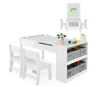DREAMADE Table à Dessin et 2 Chaises en Bois Enfants,Bureau d'art Tout-Petits avec Plateau Inclinable&6 Tiroirs en Tissu&5 Palettes&Rouleau de Papier,Charge 91+75KG (Blanc)