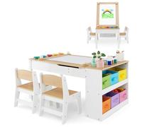 DREAMADE Table à Dessin et 2 Chaises en Bois Enfants,Bureau d'art Tout-Petits avec Plateau Inclinable&6 Tiroirs en Tissu&5 Palettes&Rouleau de Papier,Charge 91+75KG(Naturel)