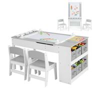 DREAMADE Table à Dessin et 2 Chaises en Bois Enfants,Bureau d'art Tout-Petits avec Plateau Inclinable&6 Tiroirs en Tissu&5 Palettes&Rouleau de Papier,Charge 91+75KG(Gris)