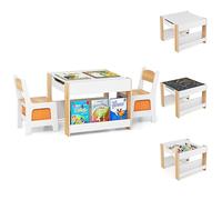 DREAMADE Table Enfant avec 2 Chaise,Table à Dessin Enfant avec Tableau Noir Réversible,2 Boîtes de Rangement Amovible,Espace Rangement,Bureau en Bois pour Garçons Filles (Blanc+Naturel)