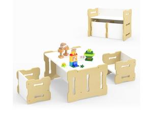 DREAMADE Table Enfant avec 2 Chaises, Banc Convertible & Bureau pour Lire, Manger, Dessiner, Artisanat, Table d’Activité pour Maison, Maternelle, Crèche (Naturel)