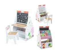 DREAMADE Table Enfant avec Chaise,Chevalet Double Face Angle Réglable,Bibliothèque avec avec 3 Étagères&1 Coffre à Jouets,Charge 50+10KG(Blanc)