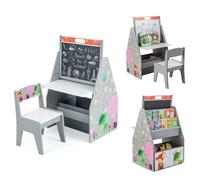 DREAMADE Table Enfant avec Chaise,Chevalet Double Face Angle Réglable,Bibliothèque avec avec 3 Étagères&1 Coffre à Jouets,Charge 50+10KG(Gris)