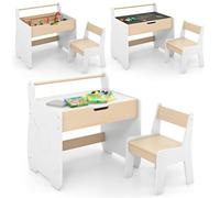 DREAMADE Table Enfant avec Chaise, Table à Dessin Enfant 3+Ans avec Plateau Amovible Double Face, Rouleau de Papier, Espace Rangement,Bureau en Bois pour Chambre, École, Salon (Blanc & Naturel)