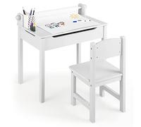 DREAMADE Table Enfant avec Chaise,Table de Dessin Enfant 3+Ans avec Dessus Rabattable,Bureau Garçons Filles en Bois 60x40x58CM avec Chaise&Rouleau de Papier&Marqueurs,Charge 30+50KG (Blanc)