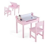 DREAMADE Table Enfant avec Chaise,Table de Dessin Enfant 3+Ans avec Dessus Rabattable,Bureau Garçons Filles en Bois 60x40x58CM avec Chaise&Rouleau de Papier&Marqueurs,Charge 30+50KG (Rose)