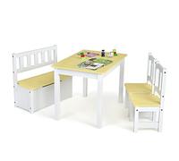 DREAMADE Table Enfants avec 2 Chaise et Banc de Coffre 4 Places Capacité 40 L, Banc Coffre Rangement Intérieur Jouet Enfant pour Chambre Enfant École(Naturel)