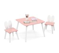 DREAMADE Table Enfants avec 2 Chaises à Oreilles de Lapin, Pieds en Bois Massif, Peu Encombrante, Charge 40KG, 3-6 Ans, Rose