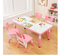 DREAMADE Table Enfants avec 4 Chaises, Bureau Multifonctionnel avec Plateau de Graffiti, Hauteur Réglable, Pieds Antidérapants,