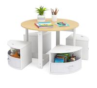 DREAMADE Table Enfants avec 4 Chaises de Rangement,Table d'Activités Enfant Ronde avec Tiroirs en Tissu,Poignée Portable,Bureau Montessori pour Manger,Lire,Dessiner,Charge 90kg (Naturel)