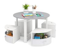 DREAMADE Table Enfants avec 4 Chaises de Rangement,Table d'Activités Enfant Ronde avec Tiroirs en Tissu,Poignée Portable,Bureau Montessori pour Manger,Lire,Dessiner,Charge 90kg (Gris)