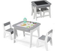 DREAMADE Table et 2 Chaises 60x60x49CM Enfant avec Plateau Double Face Bureau à Dessin Tout-Petits 3-6 Ans avec Compartiment de Rangement pour Manger, Étudier, Dessiner (Gris+Blanc)