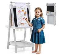 DREAMADE Tableau Enfants, Chevalet d'Art Pliable Double Face avec Hauteur Ajustable à 3 Niveaux, Rouleau de Papier, 3 Gobelets en Plastique, Plateau de Rangement, pour Enfants 3+ Ans (Gris)