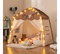 DREAMADE Tente de Jeu Enfant avec Lumière,Cabane Enfant avec Drapeaux Colorés,2 Fenêtres,Lavable en Machine,Maison de Tente Intérieure et Extérieure pour Filles Garçons 3-12Ans (Marron+Beige)
