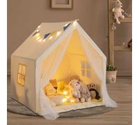DREAMADE Tente de Jeu Enfants 3+Ans avec Lumières Étoiles&Tapis en Coton,Cabane Garçons Filles Intérieur 122x105x125CM avec Drapeau&Rideau en Gaze&Poche Latérale (Beige)