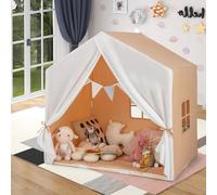 DREAMADE Tente de Jeu Enfants 3+Ans avec Tapis en Coton Lavable,Maison Enfants Intérieur&Extérieur 131x91x131CM avec Bannière de Drapeau&Fenêtres&Rideaux,Cabane Garçons Filles Cadre en Bois (Marron)