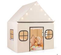 DREAMADE Tente de Jeu pour Enfants, Tente de Jeu en Forme de Maison, Cabane Pliable pour Enfants, avec Lumières Scintillantes,Beige