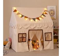 DREAMADE Tente de Jeux Enfant avec Tapis&Guirlande Lumière,Cabane Enfant avec Drapeaux Colorés,3 Fenêtres,Rideaux en Maille Maison de Tente Intérieure et Extérieure pour Filles Garçons (Beige)