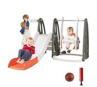 DREAMADE Toboggan Enfants 4 en 1 pour 18+ Mois, Balançoire et Toboggan d'Intérieur Charge Max. 30 KG, Aire de Jeu avec Escalier, Balançoire Réglable en Hauteur, Panier de Basket (Vert&Orange)