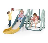 DREAMADE Toboggan Enfants 4 en 1 pour 18+ Mois, Toboggan et Balançoire Réglable en Hauteur, Escalier, Panier de Basket et Ballon, Pompe, Aire de Jeux Intérieure (Vert&Jaune)