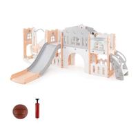 DREAMADE Toboggan Enfants avec Balançoire et Panier de Basket, Aire de Jeu Multifonctionnel Sécurisé en HDPE Robuste avec Accessoires Inclus (Rose+Gris)