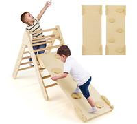 DREAMADE Triangle d'escalade avec Rampe Inclinaison Réglable, 3 en 1 Toboggan Montessori en Bois à Barreaux pour Grimper & Glisser, Convient à Enfants 1+ Ans (Naturel)
