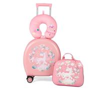 DREAMADE Valise Enfant 14'' et Sac à Dos 10'' avec Oreiller Cervical&Étiquette,Bagage à Main Enfants avec 4 Roues à 360°,Ensemble Valise à Roulette 4 Pièces Garçon Fille (Rose+Licorne)