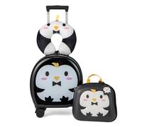 DREAMADE Valise Enfant 14'' et Sac à Dos 10'' avec Oreiller Cervical&Étiquette,Bagage à Main Enfants avec 4 Roues à 360°,Ensemble Valise à Roulette 4 Pièces Garçon Fille (Noir+Pingouin)