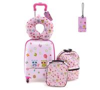 DREAMADE Valise Enfant 16" et Sac à Dos 13" avec Oreiller Cervical&Sac-Repas Isolé&Étiquette,Bagage à Main Enfants 5 Pièces avec 4 Roues à 360°,Ensemble Valise Roulette Garçon Filles (Hibou Rose)