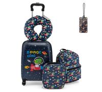 DREAMADE Valise Enfant 16"et Sac à Dos 13"avec Oreiller Cervical&Sac-Repas Isolé&Étiquette,Bagage à Main Enfants 5 Pièces avec 4 Roues à 360°,Ensemble Valise Roulette Garçon Filles (Fusée Bleu Marine)