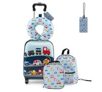 DREAMADE Valise Enfant 16" et Sac à Dos 13" avec Oreiller Cervical&Sac-Repas Isolé&Étiquette,Bagage à Main Enfants 5 Pièces avec 4 Roues à 360°,Ensemble Valise Roulette Garçon Filles (Voiture Bleue)