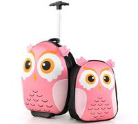 DREAMADE Valise Enfant Roulette 30x21x40CM et Sac à Dos,Bagage à Main avec Poignée Télescopique,Cabine de Voyage Légère pour Garçon et Fille,Lot de Bagages Etanche Motifs d’Animal (Hibou-Rose)