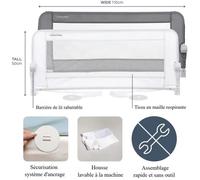 Dreambaby Barrière de lit Maggie pour lits encastrés et plats, 110 cm de large, 50 cm de haut, sécurité enfant transition du berceau
