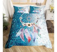 Dreamcatcher Housse de Couette Bleu Blanc Mandala Housse de Couette Bohême Ensemble de Literie Plume Femmes Housse de Couette Enfants Attrapeur de rêves Parure de Lit 220x240cm avec 2 taie d'oreiller