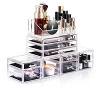 DreamGenius Organiseur de maquillage en acrylique en 4 pièces avec 9 tiroirs pour bijoux, rouge à lèvres et pinceaux de maquillage, nécessaire à maquillage empilable pour commode et comptoir de salle