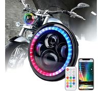 DREAMIZER 7'' Phares de Moto LED RVB avec Application et Télécommande, Anneau Halo Dansant et Clignotant Ambré Compatible avec Harley Road King Street Glide Softail Electra J-eep Wrangler JK TJ