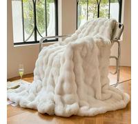 DREAMLANDING Couverture de luxe en fausse fourrure de lapin, réversible, moelleuse, chaude, douce et aérée pour lit, canapé, décoration de la maison (crème, 130 x 150 cm)