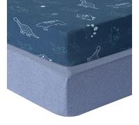 Dreamology Draps de lit en coton 100 % jersey de coton pour lit de bébé, drap-housse, drap de lit et draps de berceau 140 x 70 cm, drap de matelas pour berceau | Dino, bleu denim