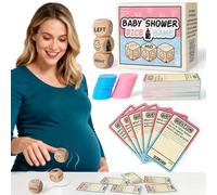 DREAMORIE Jeux de dés mi-longs gauche et droit, avec 101 cartes de questionnaires pour bébé, amusants pour jusqu'à 12 joueurs, avec 3 dés en bois et 36 jetons rose/bleu, idéal pour révéler le sexe et