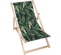 Dreamroots Chaise longue pliante en bois, jusqu'à 130 kg, Bain de soleil pliable avec dossier inclinable en 3 positions, Dark Green Monstera